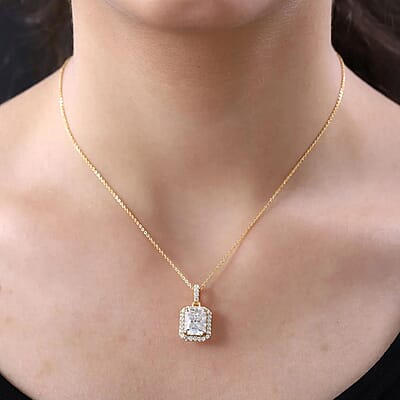 Radiant Cut Moissanite Halo Pendant Necklace 20 Inches in Vermeil Yellow Gold Over Sterling Silver 4.00 ctw