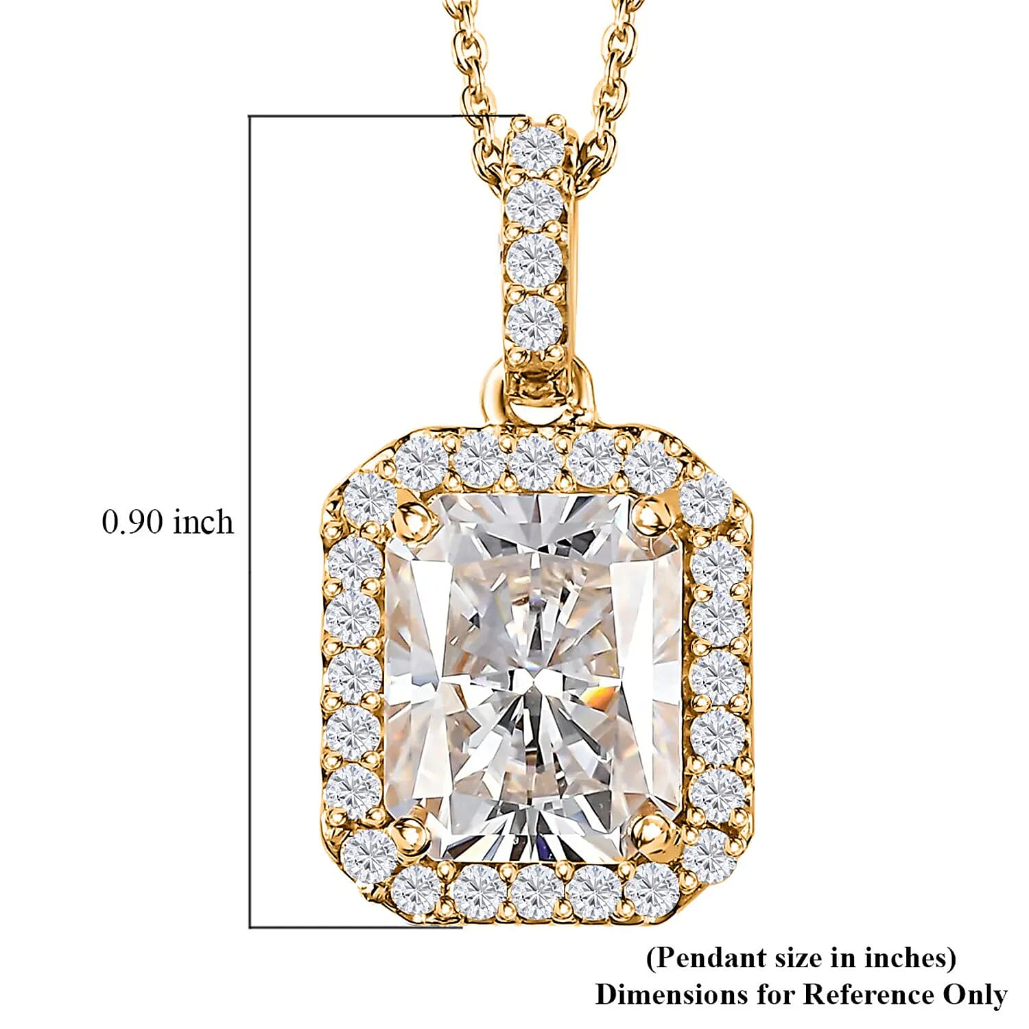 Radiant Cut Moissanite Halo Pendant Necklace 20 Inches in Vermeil Yellow Gold Over Sterling Silver 4.00 ctw