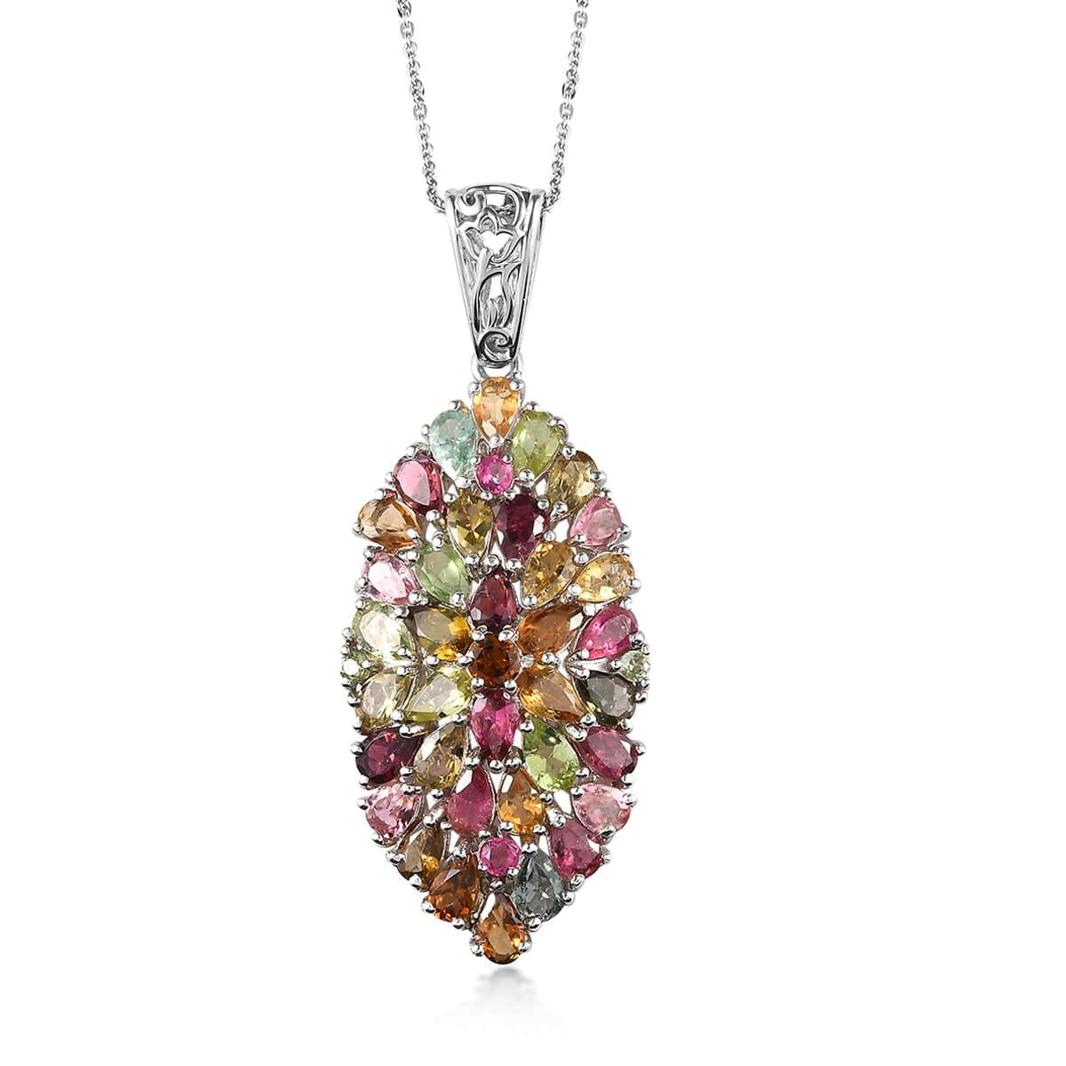 Multi-Tourmaline Elongated Pendant Necklace 20 Inches in Platinum Over Sterling Silver 7.50 ctw image number 0