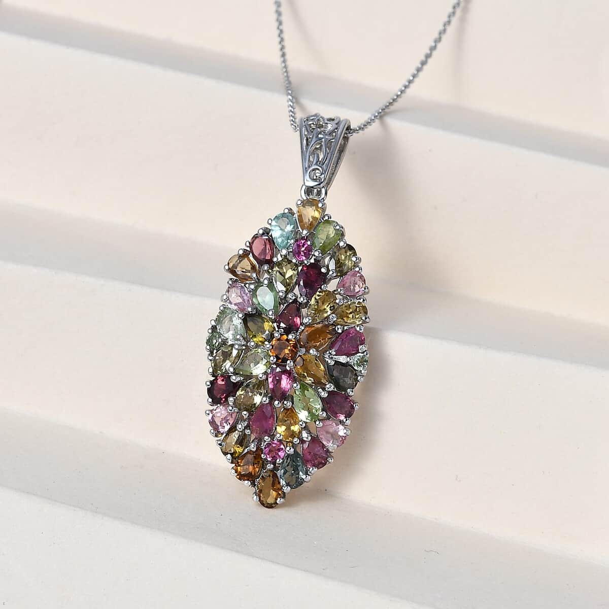 Multi-Tourmaline Elongated Pendant Necklace 20 Inches in Platinum Over Sterling Silver 7.50 ctw image number 1