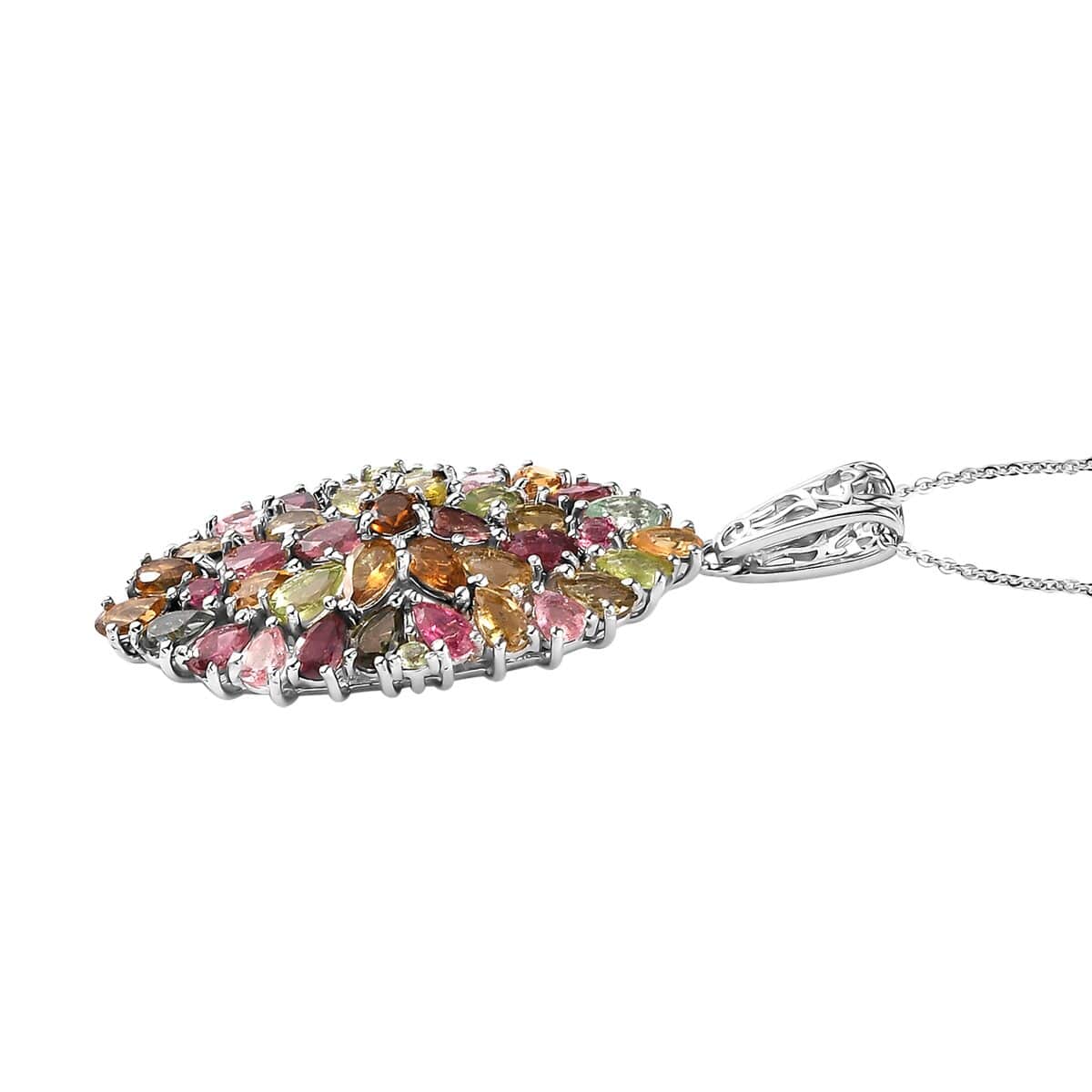 Multi-Tourmaline Elongated Pendant Necklace 20 Inches in Platinum Over Sterling Silver 7.50 ctw image number 3