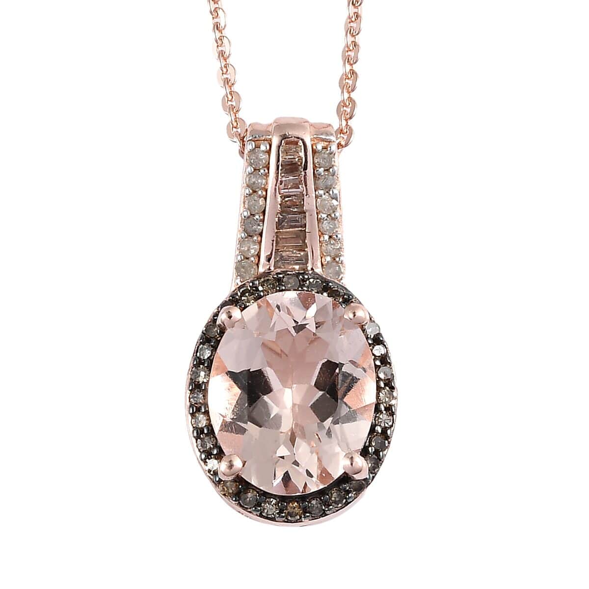 Premium Marropino Morganite, Natural Champagne and White Diamond Pendant Necklace 20 Inches in Vermeil Rose Gold Over Sterling Silver 2.50 ctw image number 0