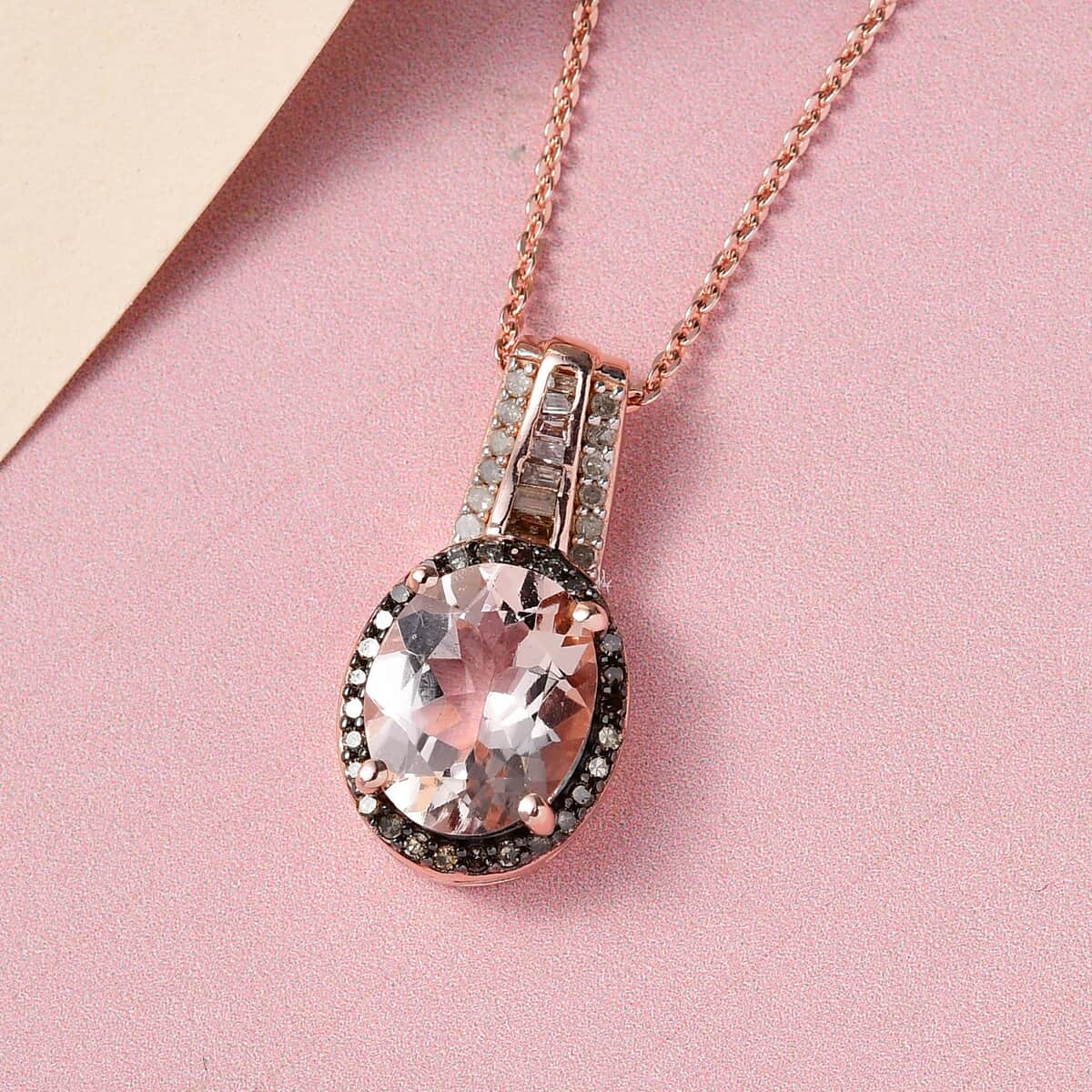 Premium Marropino Morganite, Natural Champagne and White Diamond Pendant Necklace 20 Inches in Vermeil Rose Gold Over Sterling Silver 2.50 ctw image number 1