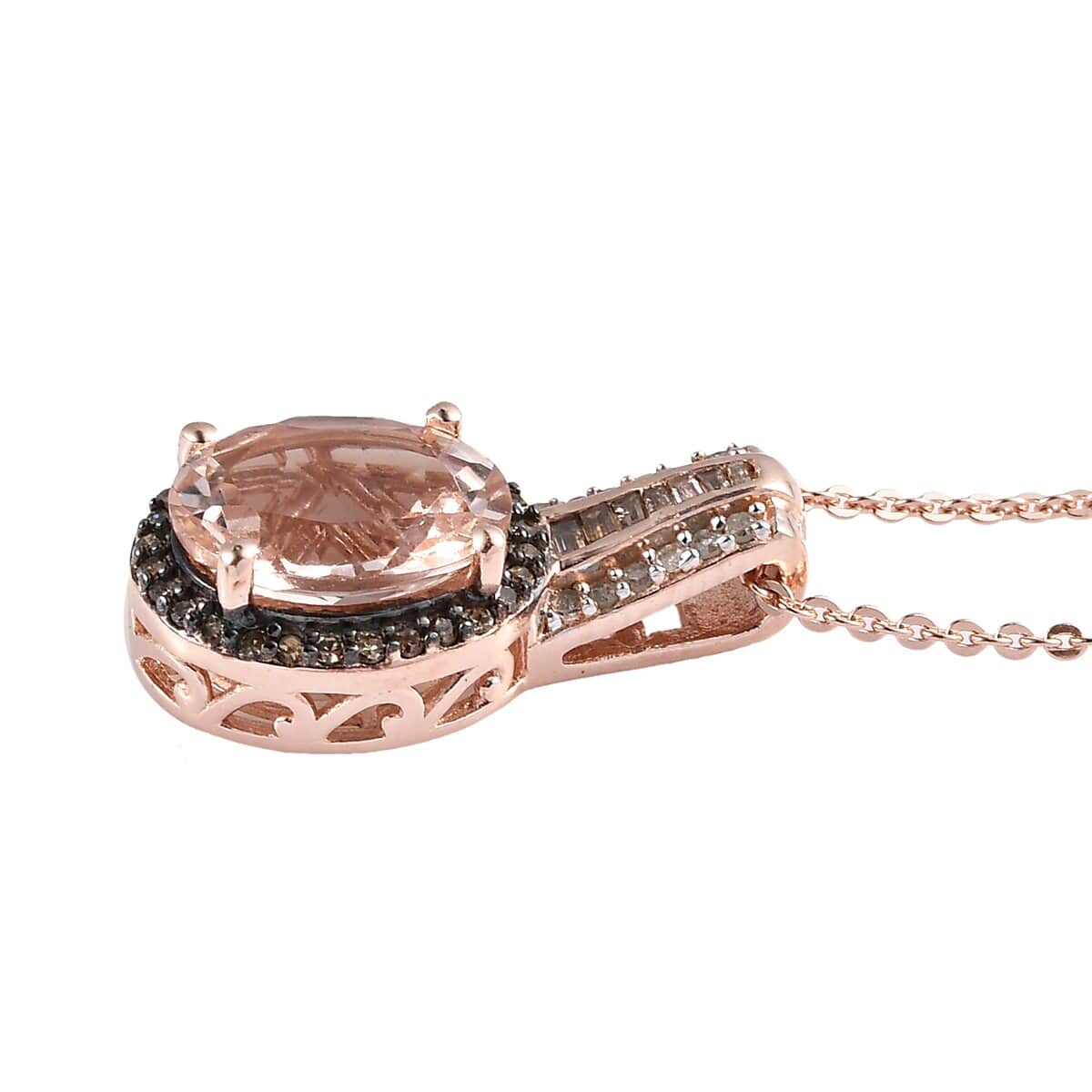 Premium Marropino Morganite, Natural Champagne and White Diamond Pendant Necklace 20 Inches in Vermeil Rose Gold Over Sterling Silver 2.50 ctw image number 3