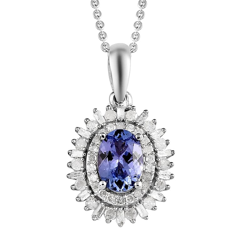 Tanzanite and Diamond Double Halo Pendant Necklace 20 Inches in Platinum Over Sterling Silver 1.40 ctw