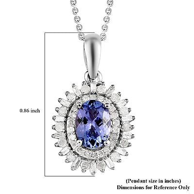 Tanzanite and Diamond Double Halo Pendant Necklace 20 Inches in Platinum Over Sterling Silver 1.40 ctw
