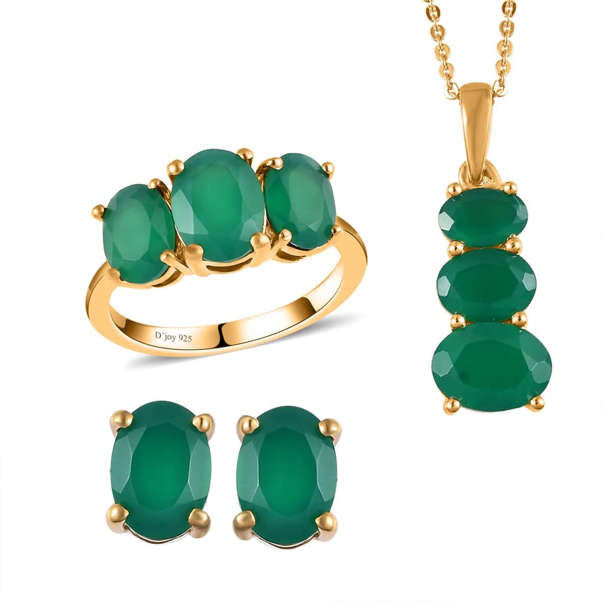 Verde Onyx 3 Stone Ring Size 5.0 and Dangle Earrings and Pendant Necklace 20 Inches in Vermeil Yellow Gold Over Sterling Silver 7.10 Grams 5.90 ctw image number 0