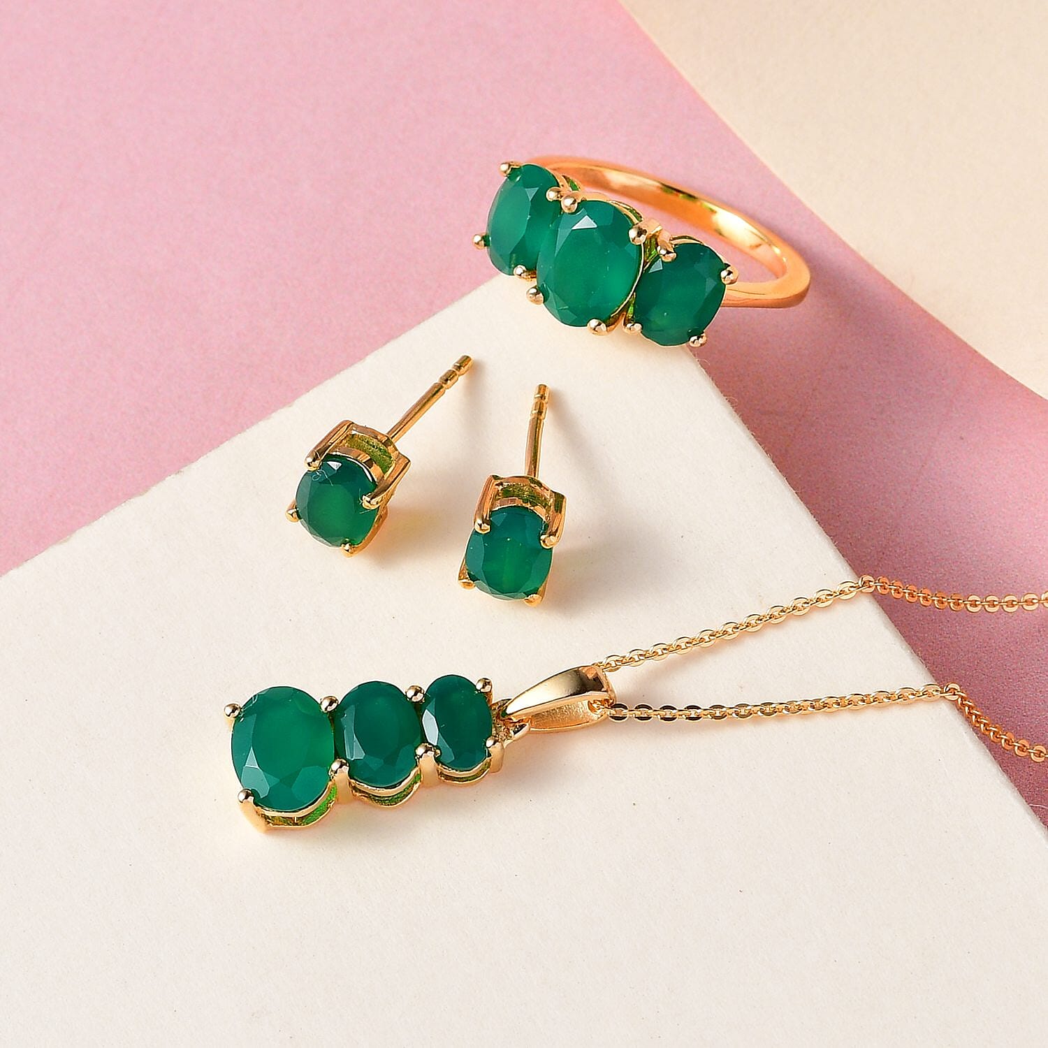 Verde Onyx 3 Stone Ring Size 5.0 and Stud Earrings and Pendant Necklace 20 Inches in Vermeil Yellow Gold Over Sterling Silver 5.90 ctw