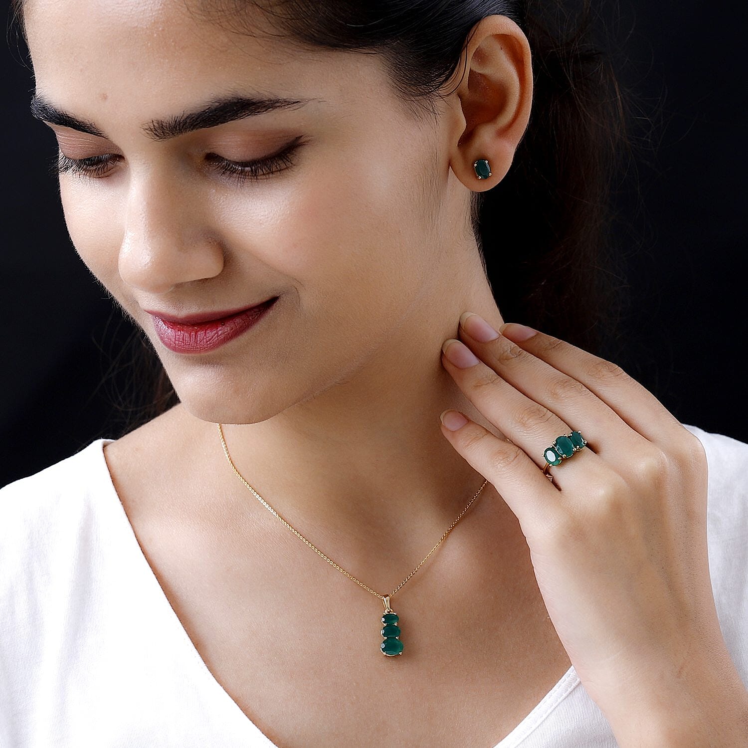 Verde Onyx 3 Stone Ring Size 5.0 and Stud Earrings and Pendant Necklace 20 Inches in Vermeil Yellow Gold Over Sterling Silver 5.90 ctw