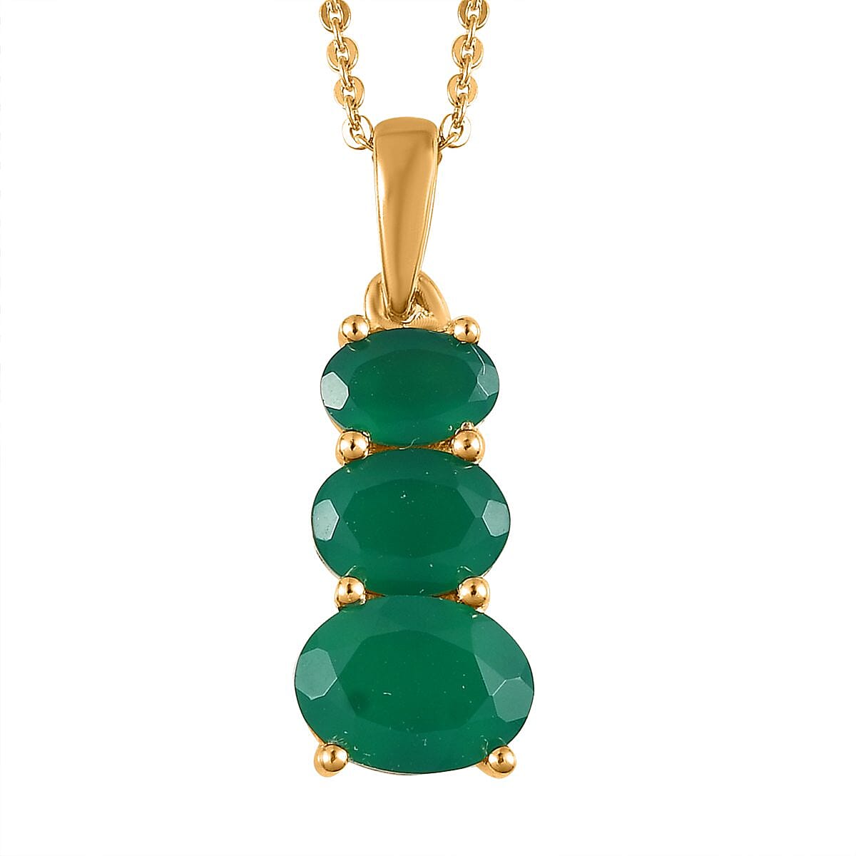 Verde Onyx 3 Stone Ring Size 5.0 and Stud Earrings and Pendant Necklace 20 Inches in Vermeil Yellow Gold Over Sterling Silver 5.90 ctw
