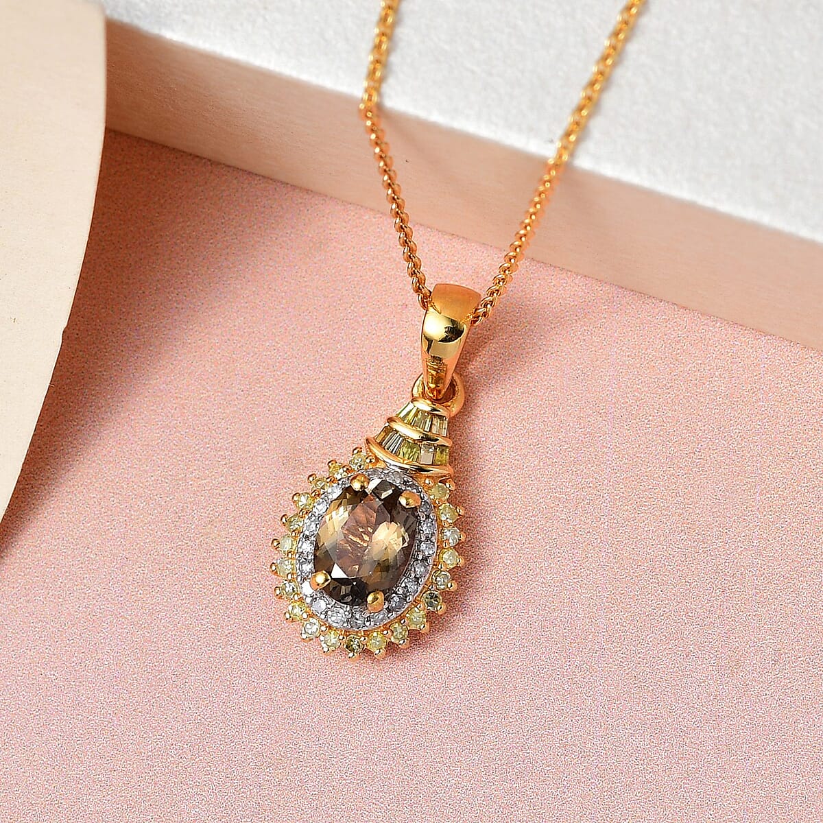 TLV Ethiopian Emerald, Natural Champagne and White Diamond (0.30 cts) Double Halo Pendant Necklace (20 Inches) in Vermeil YG Over Sterling Silver 1.00 ctw image number 1