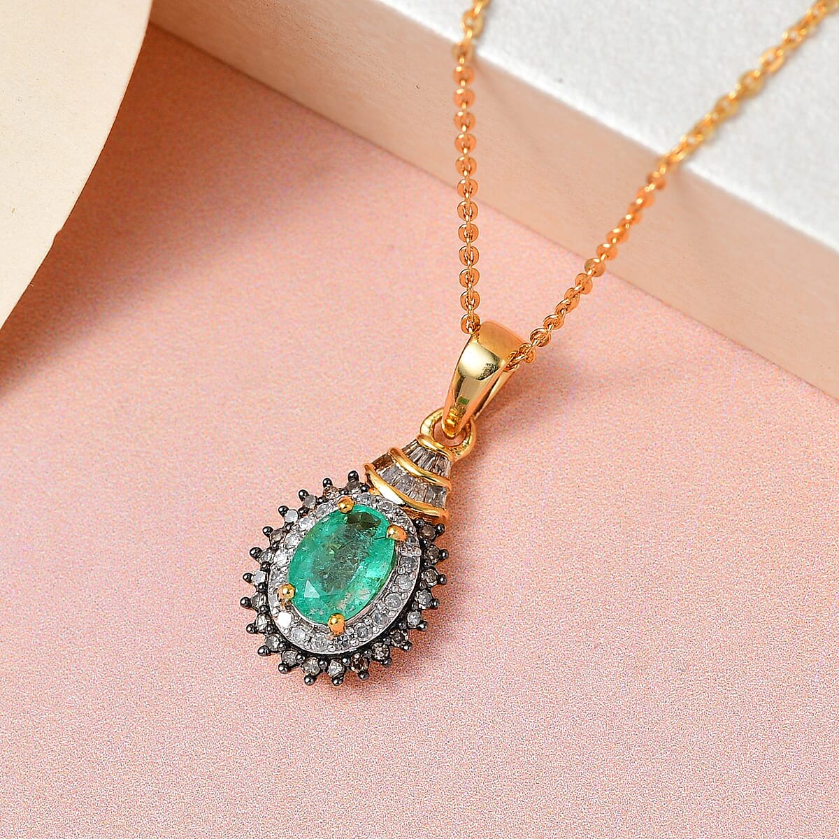 Ethiopian Emerald, Natural Champagne and White Diamond Double Halo Pendant Necklace 20 Inches in Vermeil Yellow Gold Over Sterling Silver 1.00 ctw image number 1