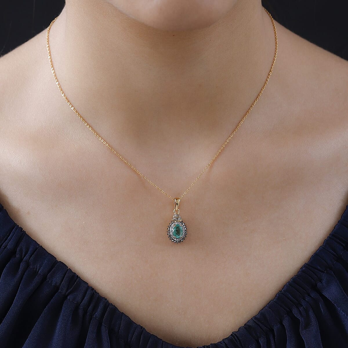 Ethiopian Emerald, Natural Champagne and White Diamond Double Halo Pendant Necklace 20 Inches in Vermeil Yellow Gold Over Sterling Silver 1.00 ctw image number 2