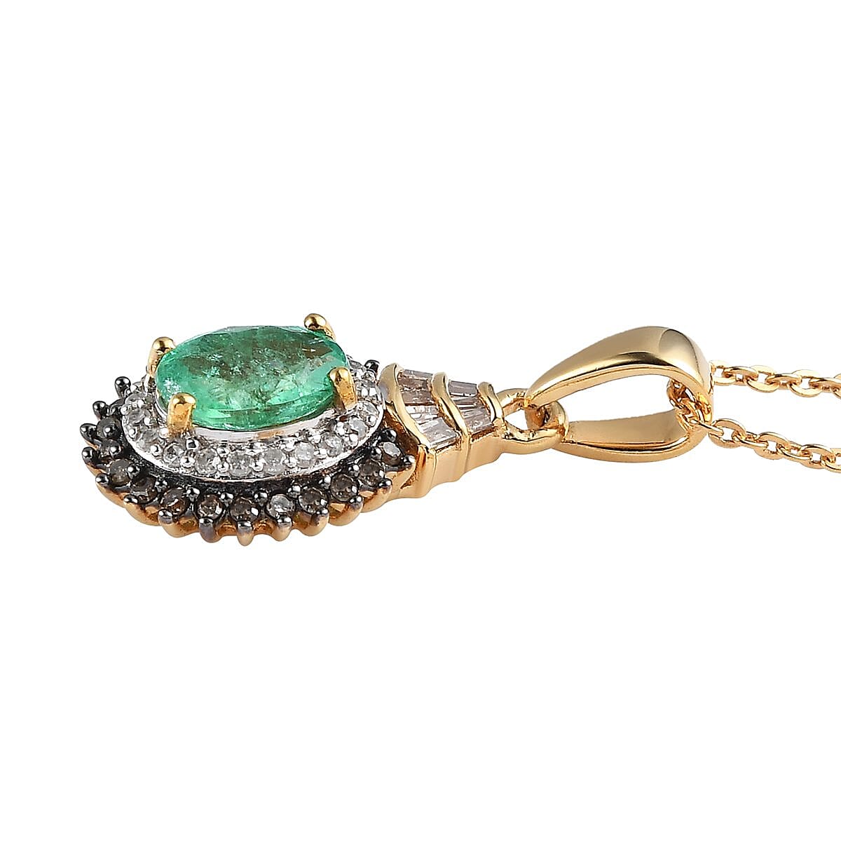 Ethiopian Emerald, Natural Champagne and White Diamond Double Halo Pendant Necklace 20 Inches in Vermeil Yellow Gold Over Sterling Silver 1.00 ctw image number 3