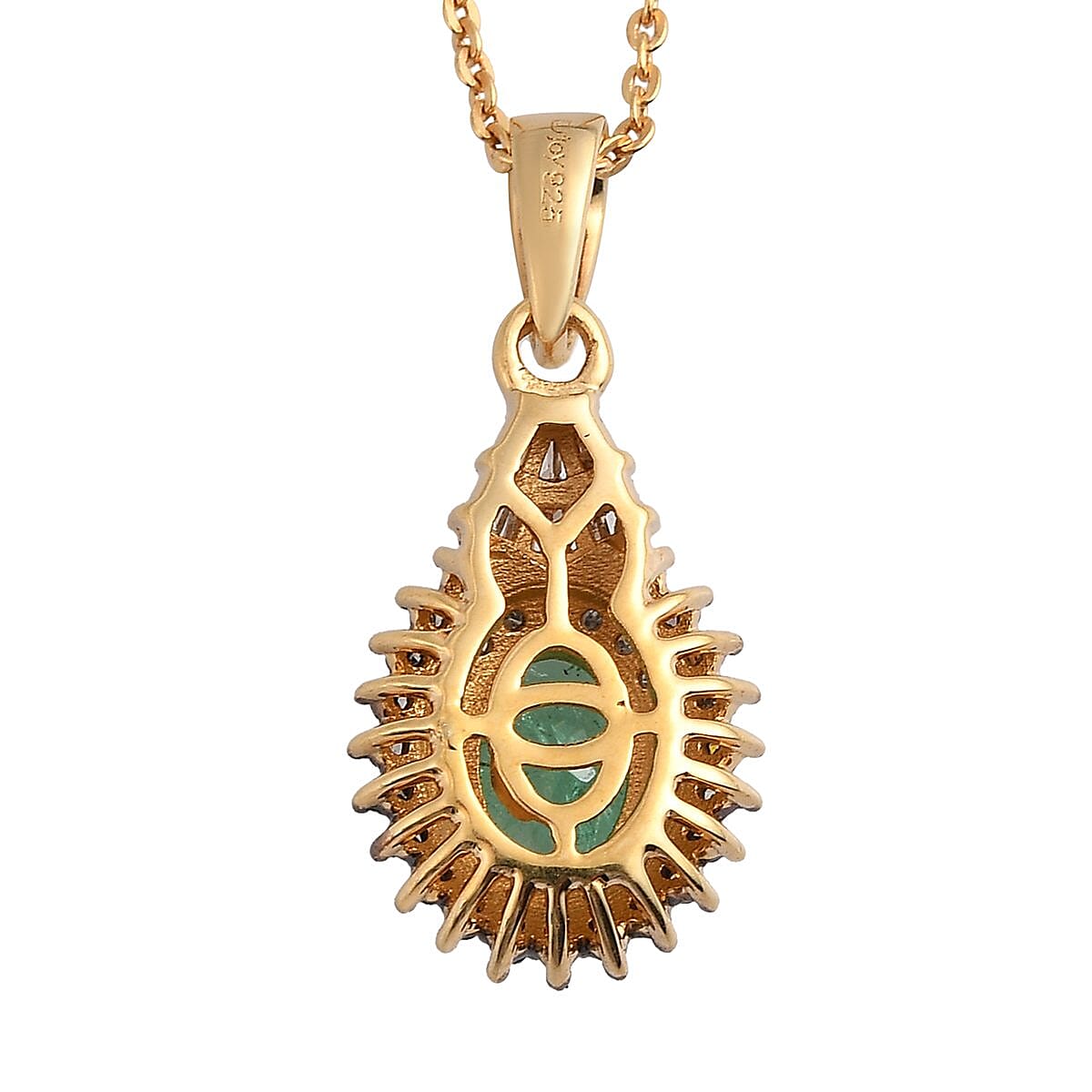 Ethiopian Emerald, Natural Champagne and White Diamond Double Halo Pendant Necklace 20 Inches in Vermeil Yellow Gold Over Sterling Silver 1.00 ctw image number 4
