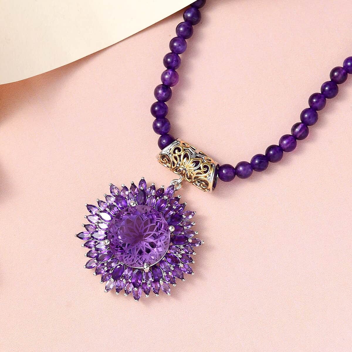 Amethyst Pendant with Beaded Necklace 20 Inches in Vermeil Yellow Gold and Platinum Over Sterling Silver 99.00 ctw image number 1