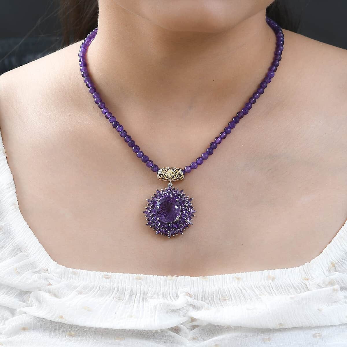 Amethyst Pendant with Beaded Necklace 20 Inches in Vermeil Yellow Gold and Platinum Over Sterling Silver 99.00 ctw image number 2