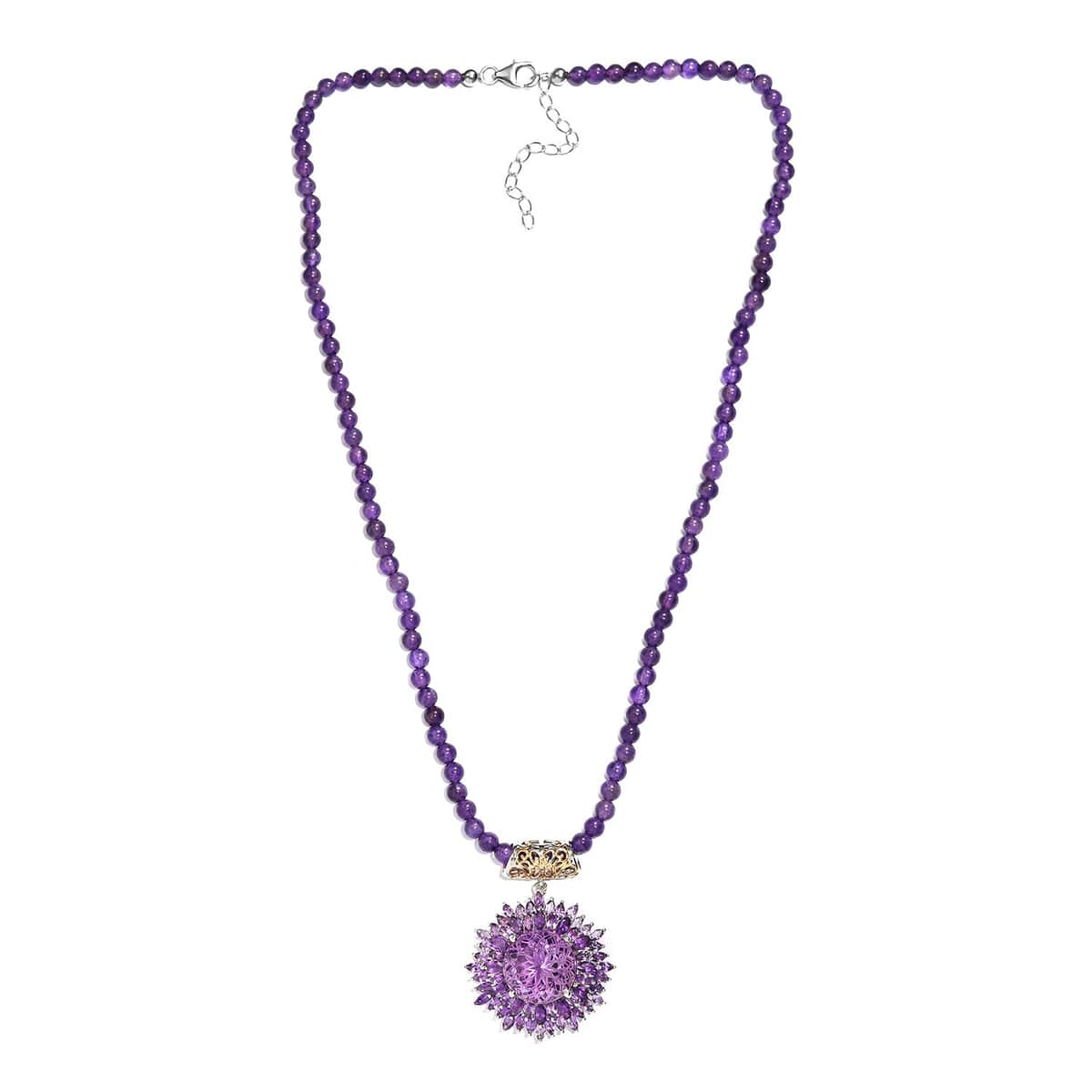 Amethyst Pendant with Beaded Necklace 20 Inches in Vermeil Yellow Gold and Platinum Over Sterling Silver 99.00 ctw image number 3