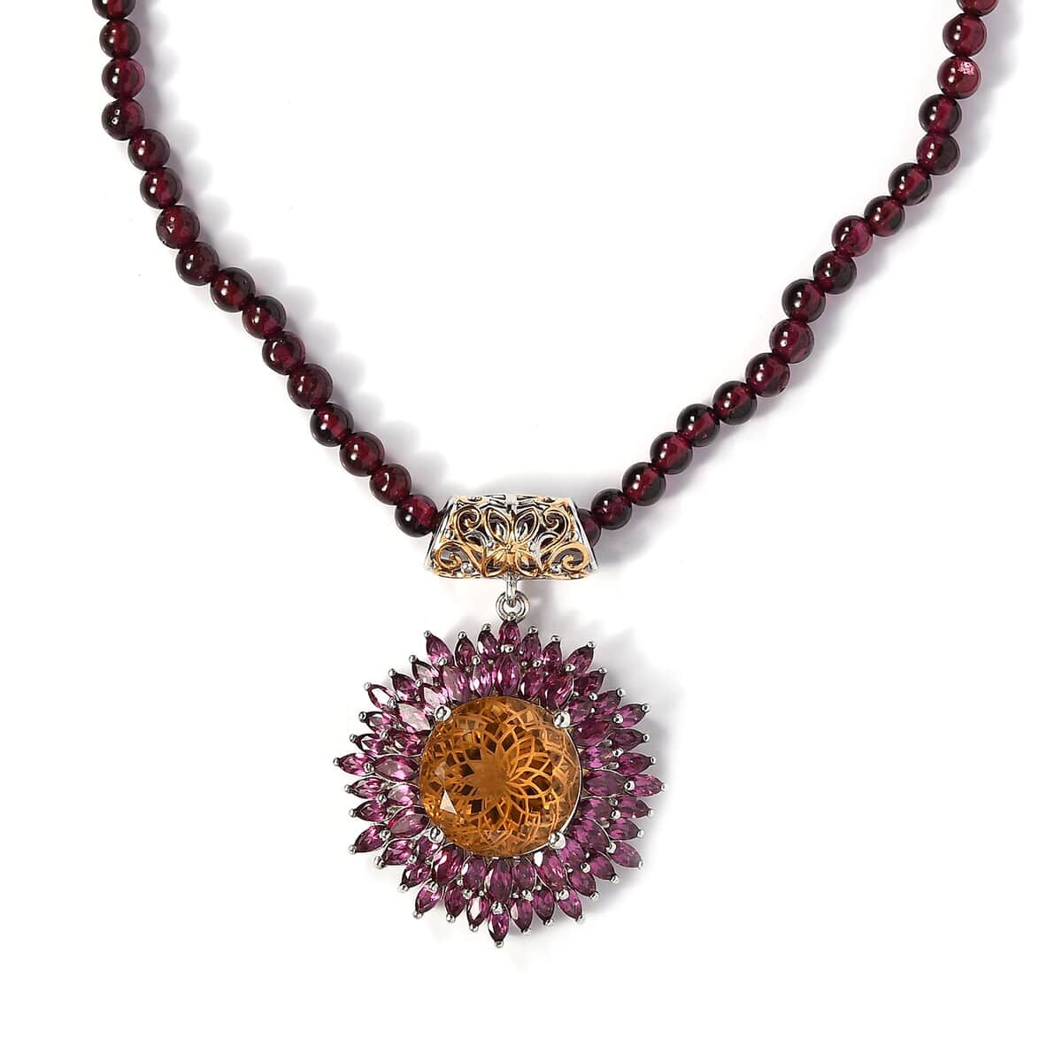 Dahlia Cut Premium Brazilian Citrine and Orissa Rhodolite Garnet Floral Pendant with Beaded Necklace 20 Inches in Vermeil YG & Platinum Over Sterling Silver 134.15 ctw image number 0