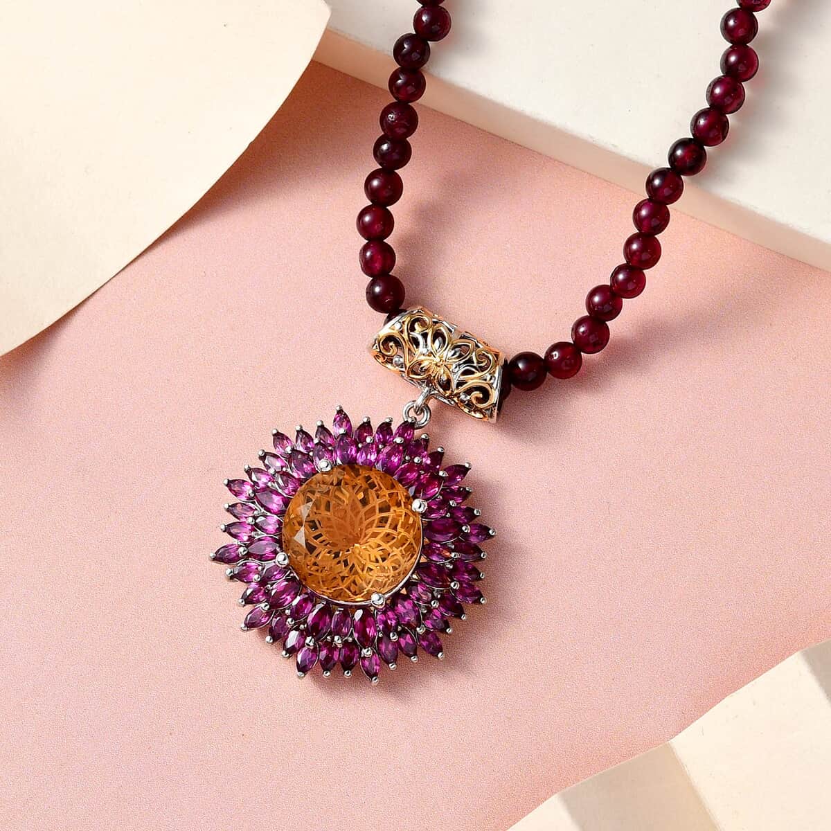 Dahlia Cut Premium Brazilian Citrine and Orissa Rhodolite Garnet Floral Pendant with Beaded Necklace 20 Inches in Vermeil YG & Platinum Over Sterling Silver 134.15 ctw image number 1
