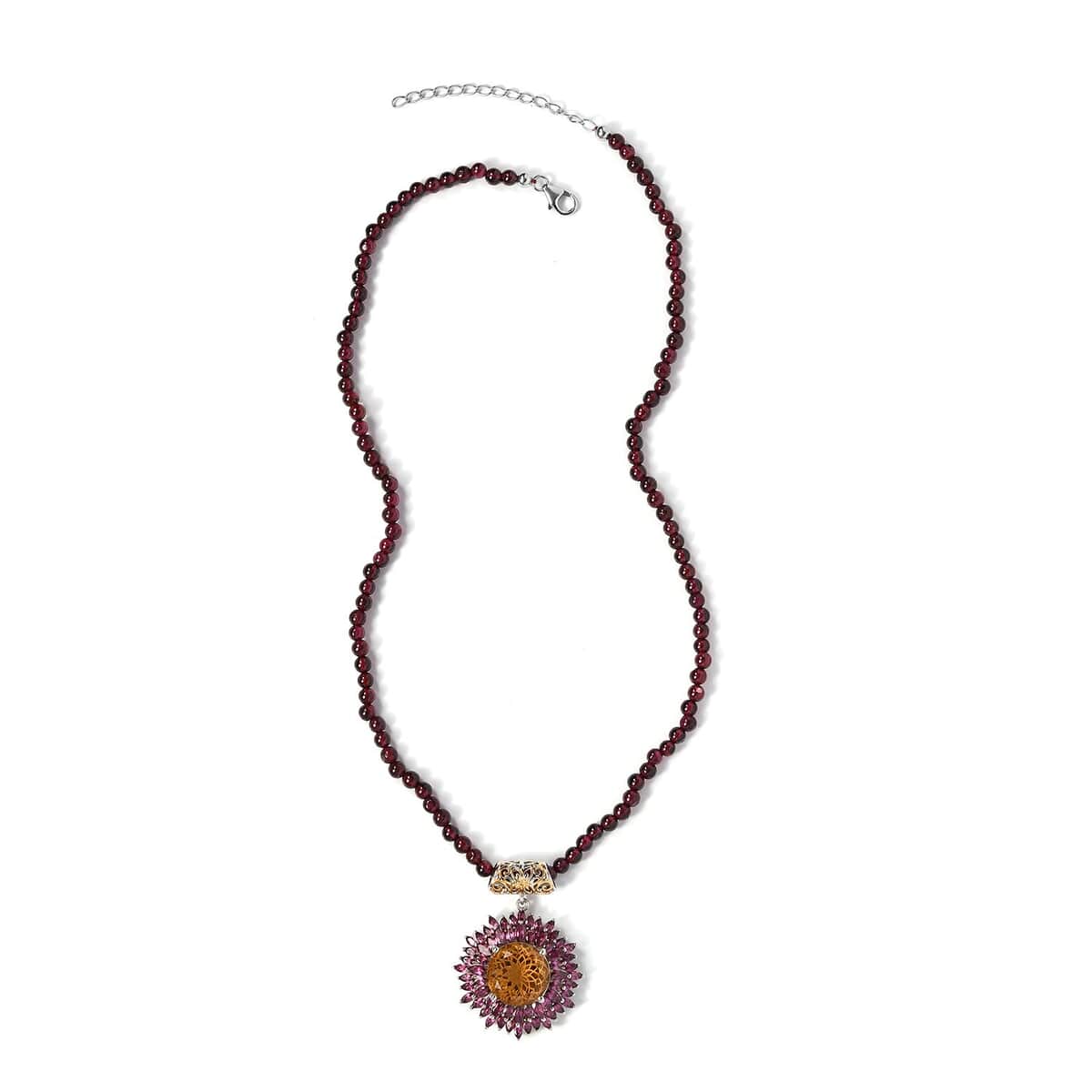 Dahlia Cut Premium Brazilian Citrine and Orissa Rhodolite Garnet Floral Pendant with Beaded Necklace 20 Inches in Vermeil YG & Platinum Over Sterling Silver 134.15 ctw image number 3