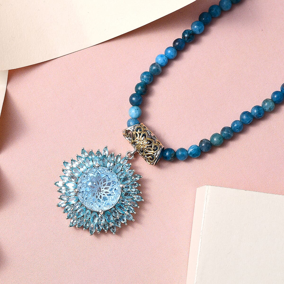 Dahlia Cut Swiss Blue Topaz and Madagascar Paraiba Apatite Floral Pendant with Beaded Necklace 18 Inches in Vermeil YG & Platinum Over Sterling Silver 91.40 ctw image number 1