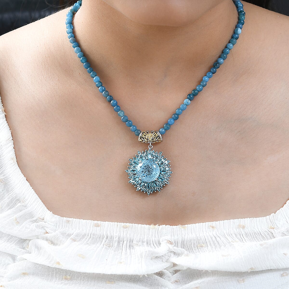 Dahlia Cut Swiss Blue Topaz and Madagascar Paraiba Apatite Floral Pendant with Beaded Necklace 18 Inches in Vermeil YG & Platinum Over Sterling Silver 91.40 ctw image number 2