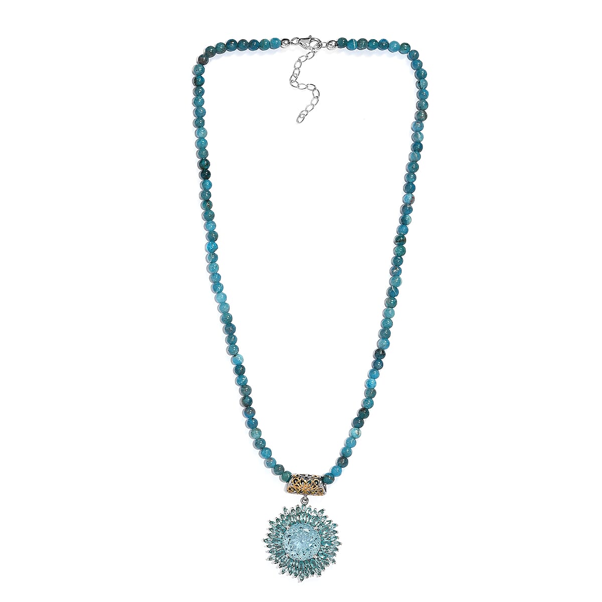 Dahlia Cut Swiss Blue Topaz and Madagascar Paraiba Apatite Floral Pendant with Beaded Necklace 18 Inches in Vermeil YG & Platinum Over Sterling Silver 91.40 ctw image number 3