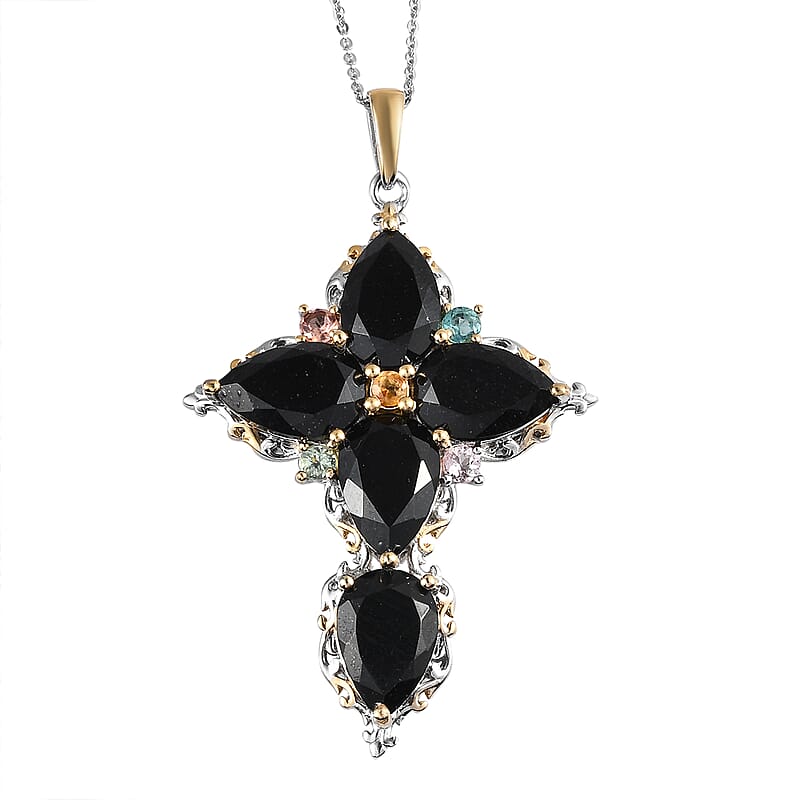 Australian Black Tourmaline and Multi-Tourmaline Cross Pendant Necklace 20 Inches in Vermeil YG and Platinum Over Sterling Silver 16.70 ctw