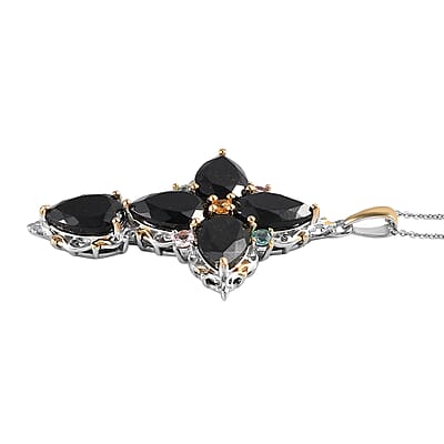 Australian Black Tourmaline and Multi-Tourmaline Cross Pendant Necklace 20 Inches in Vermeil YG and Platinum Over Sterling Silver 16.70 ctw