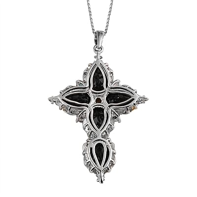 Australian Black Tourmaline and Multi-Tourmaline Cross Pendant Necklace 20 Inches in Vermeil YG and Platinum Over Sterling Silver 16.70 ctw