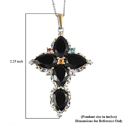 Australian Black Tourmaline and Multi-Tourmaline Cross Pendant Necklace 20 Inches in Vermeil YG and Platinum Over Sterling Silver 16.70 ctw