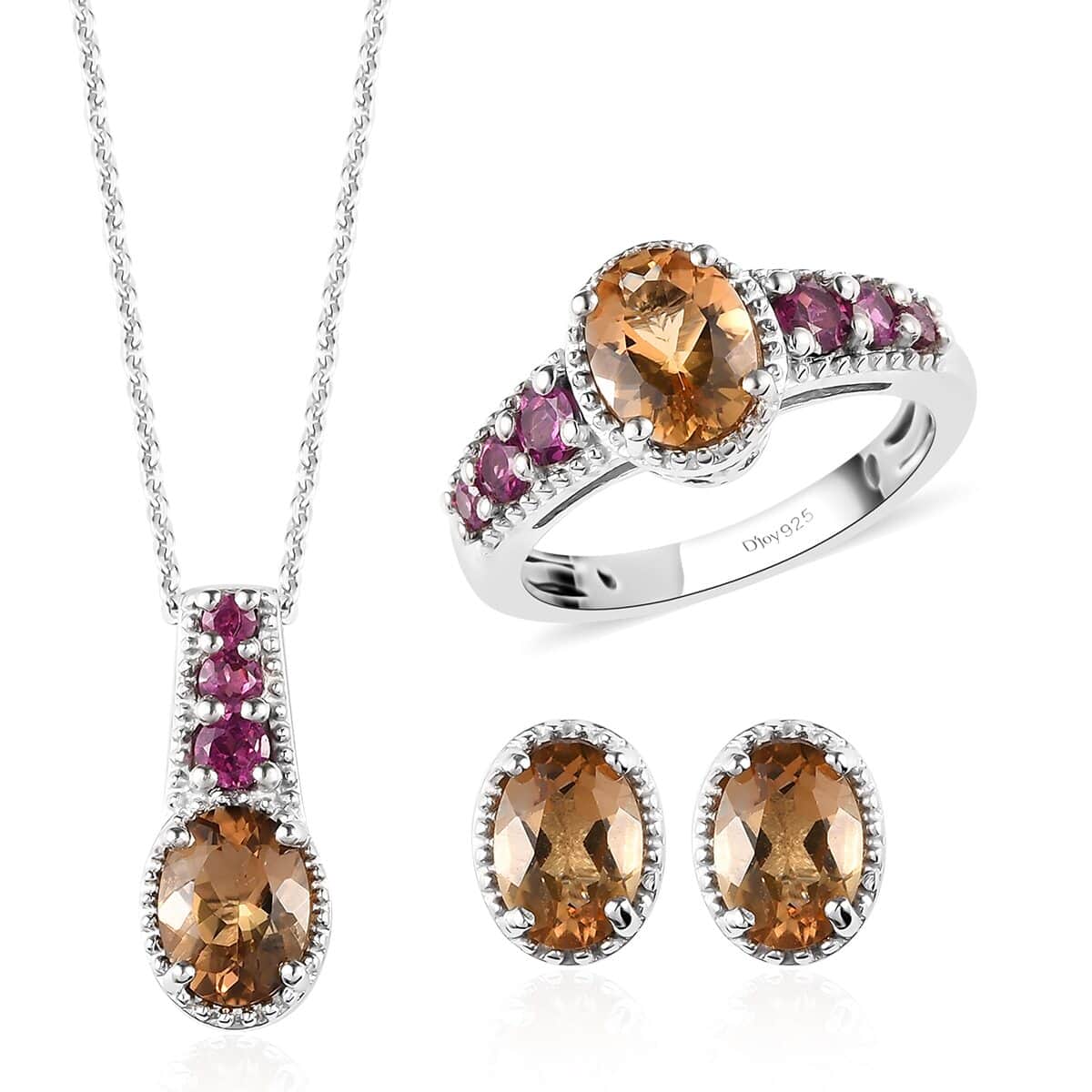 Golden Scapolite and Rhodolite Garnet Ring Stud Earrings and Pendant Necklace 20In in Platinum Over Sterling Silver 9.75 Grams 4.15 ctw image number 0