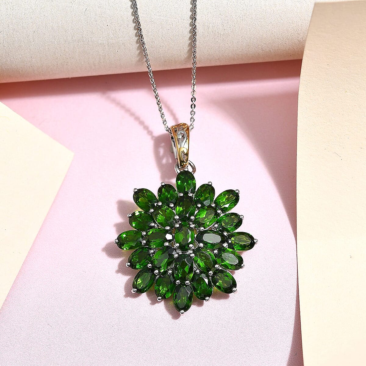 Chrome Diopside Floral Pendant Necklace 20 Inches in Vermeil Yellow Gold and Platinum Over Sterling Silver 12.40 ctw image number 1