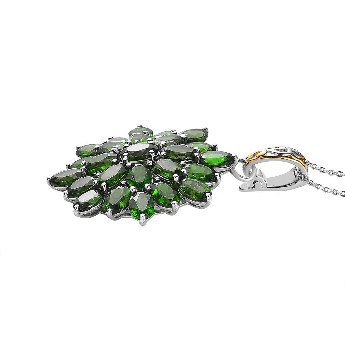 Chrome Diopside Floral Pendant Necklace 20 Inches in Vermeil Yellow Gold and Platinum Over Sterling Silver 12.40 ctw image number 3