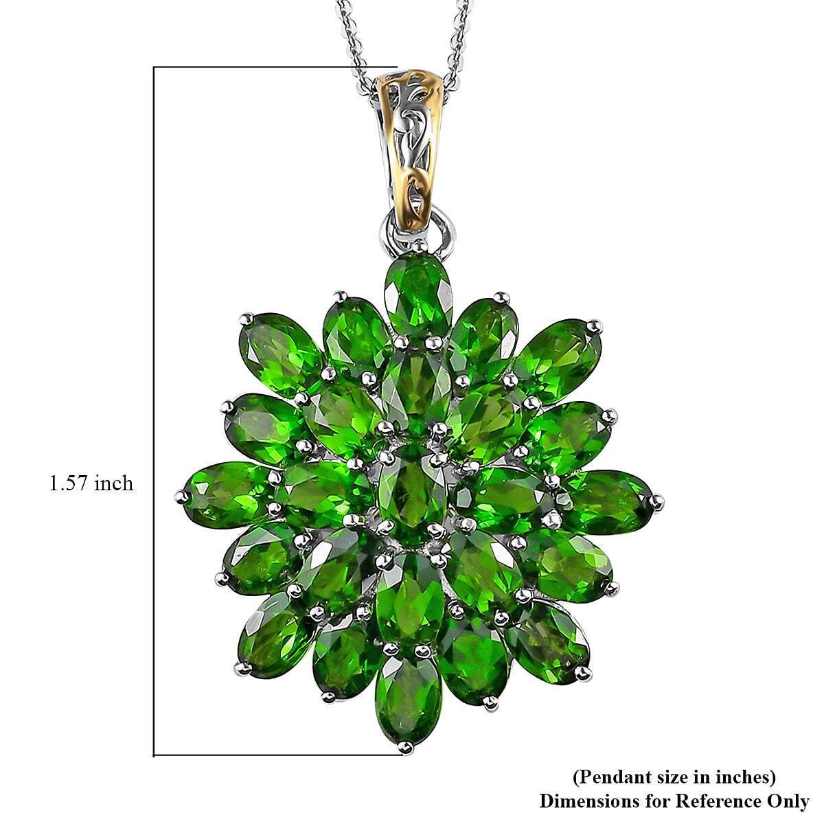 Chrome Diopside Floral Pendant Necklace 20 Inches in Vermeil Yellow Gold and Platinum Over Sterling Silver 12.40 ctw image number 5