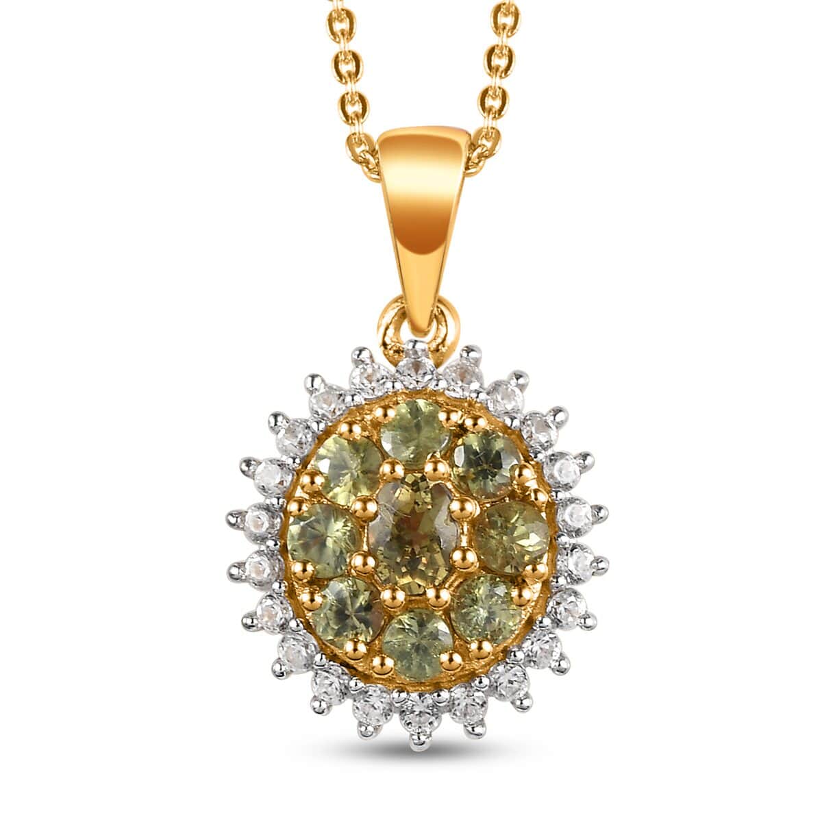 Natural Ambanja Demantoid Garnet and Natural White Zircon Cocktail Pendant Necklace 20 Inches in Vermeil Yellow Gold Over Sterling Silver 1.50 ctw image number 0