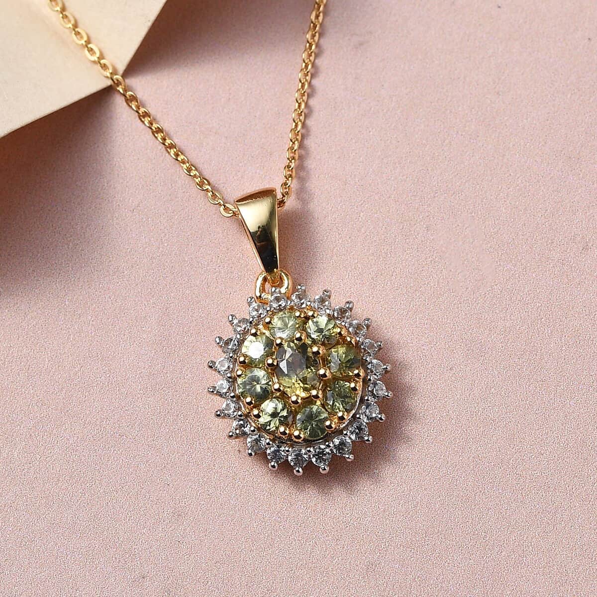 Natural Ambanja Demantoid Garnet and Natural White Zircon Cocktail Pendant Necklace 20 Inches in Vermeil Yellow Gold Over Sterling Silver 1.50 ctw image number 1