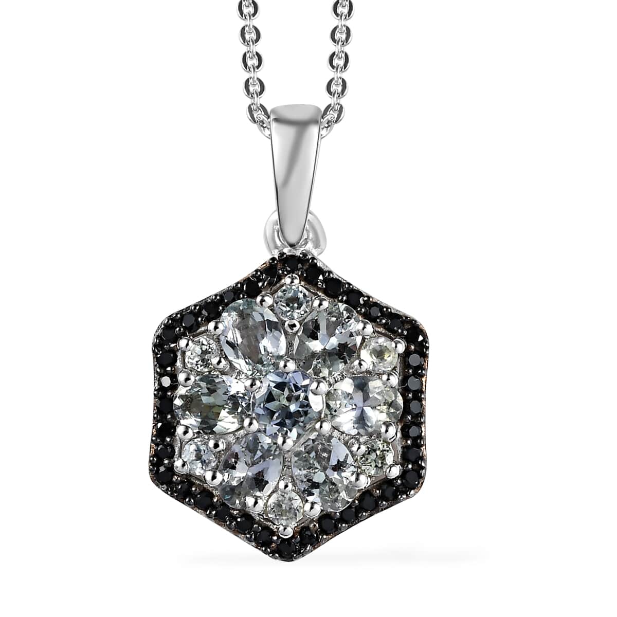 Green Tanzanite and Thai Black Spinel Floral Pendant Necklace 20 Inches in Platinum Over Sterling Silver 1.70 ctw image number 0