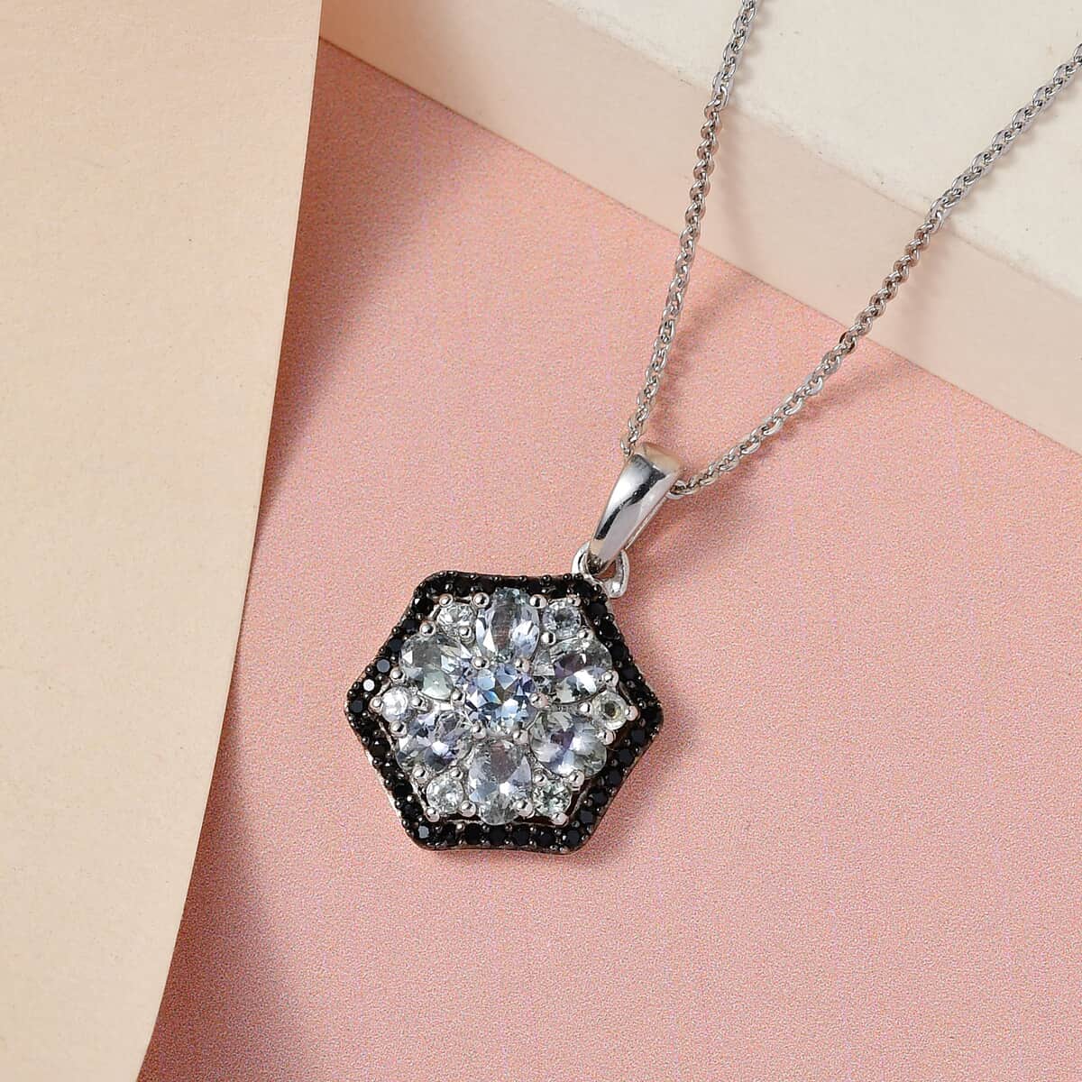 Green Tanzanite and Thai Black Spinel Floral Pendant Necklace 20 Inches in Platinum Over Sterling Silver 1.70 ctw image number 1