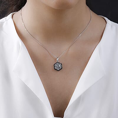 Green Tanzanite and Thai Black Spinel Floral Pendant Necklace 20 Inches in Platinum Over Sterling Silver 1.70 ctw