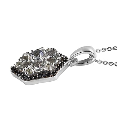 Green Tanzanite and Thai Black Spinel Floral Pendant Necklace 20 Inches in Platinum Over Sterling Silver 1.70 ctw