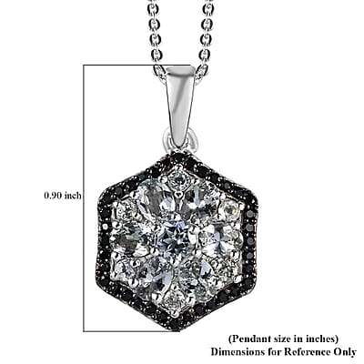 Green Tanzanite and Thai Black Spinel Floral Pendant Necklace 20 Inches in Platinum Over Sterling Silver 1.70 ctw