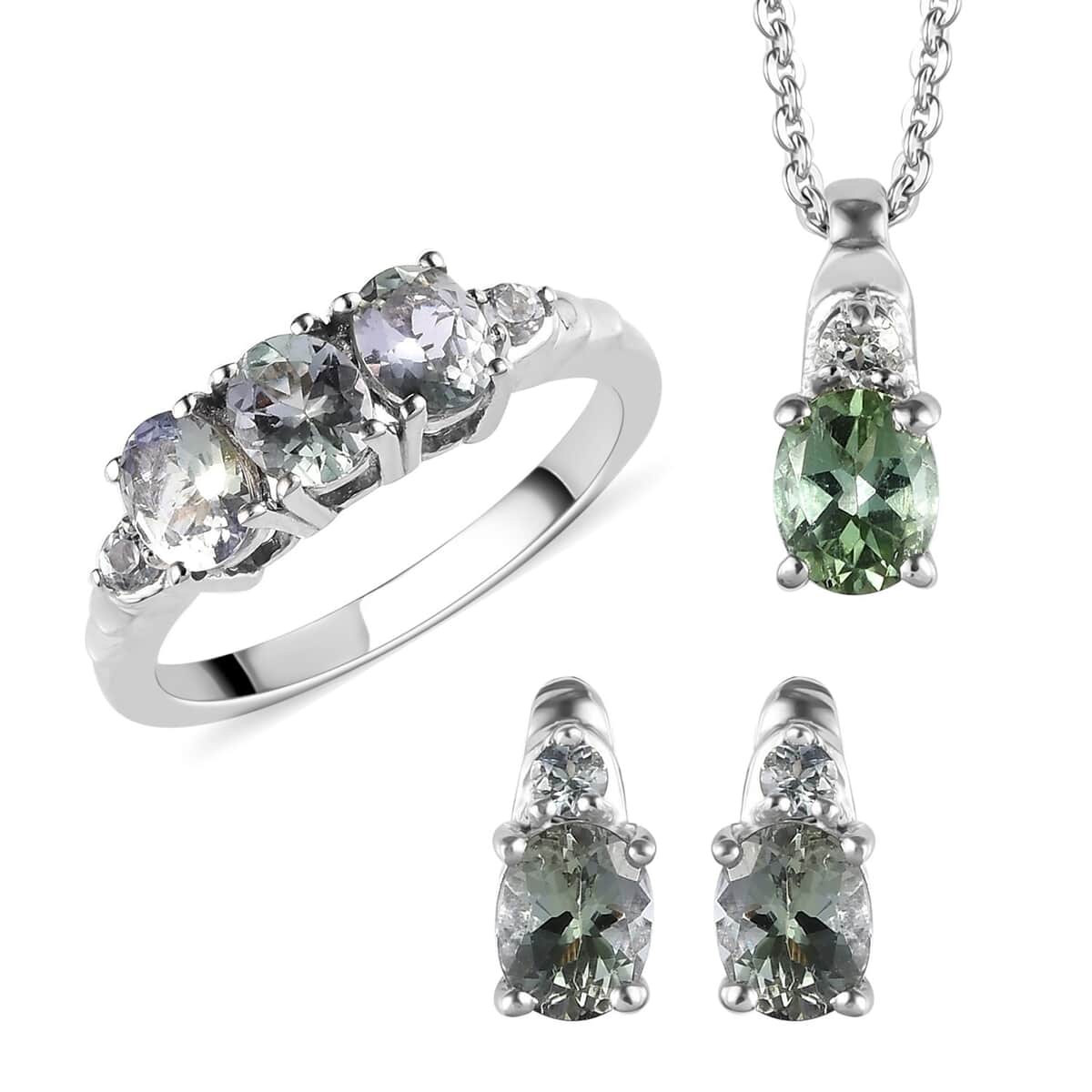 Green Tanzanite 3 Stone Ring Size 6.0, Earrings and Pendant Necklace 20 Inches in Platinum Over Sterling Silver 2.15 ctw image number 0
