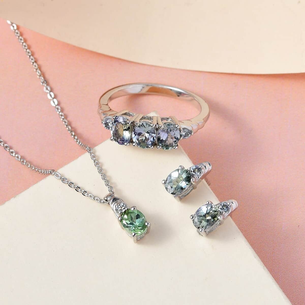 Green Tanzanite 3 Stone Ring Size 6.0, Earrings and Pendant Necklace 20 Inches in Platinum Over Sterling Silver 2.15 ctw image number 1