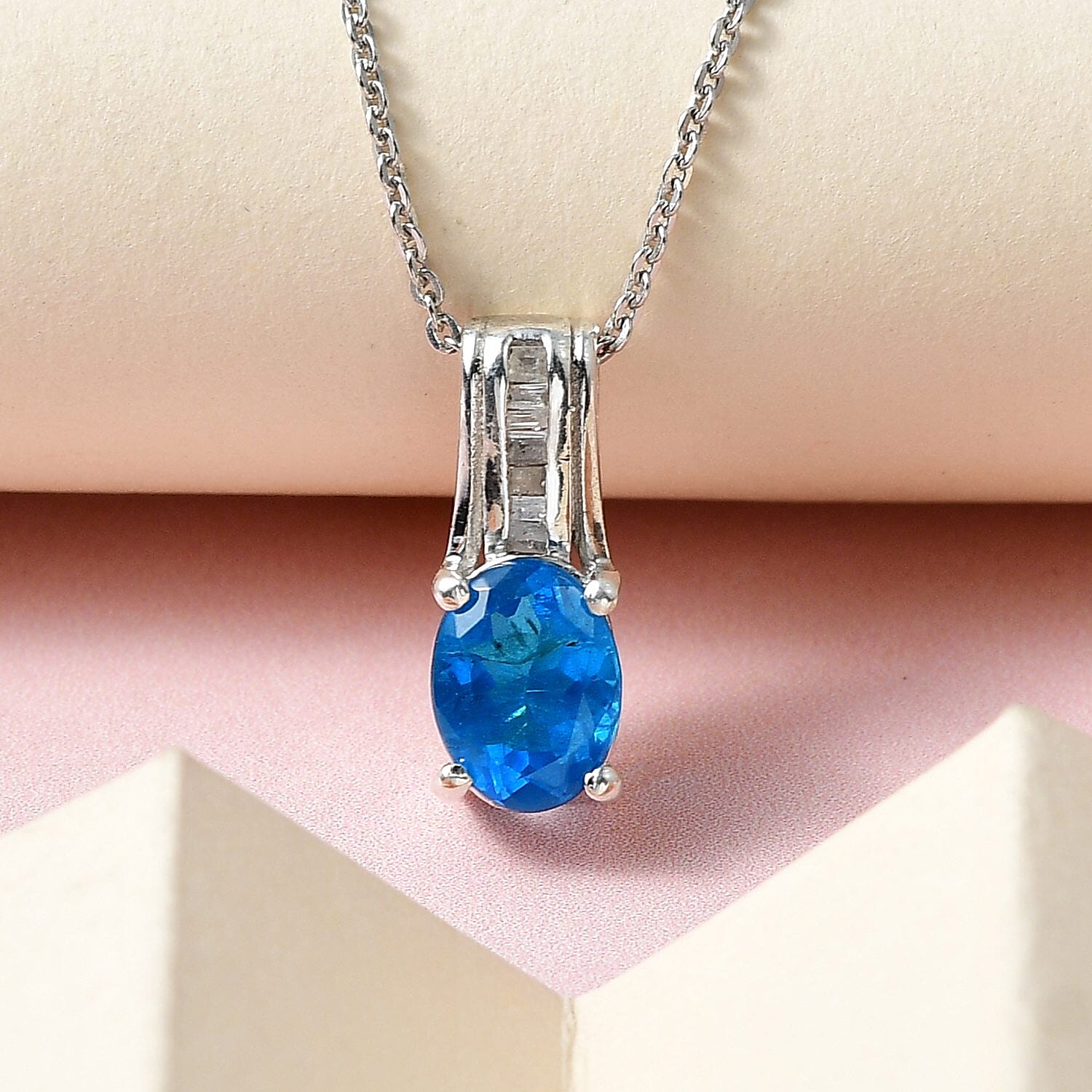 Malgache Neon Apatite and Diamond Pendant Necklace 20 Inches in Platinum Over Sterling Silver 1.50 ctw