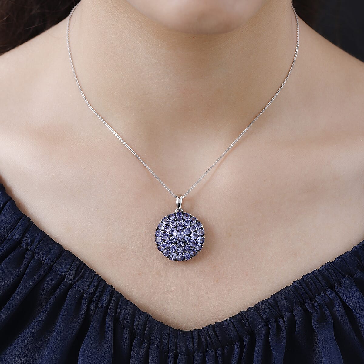 Tanzanite Floral Pendant Necklace 20 Inches in Platinum Over Sterling Silver 6.60 ctw image number 2