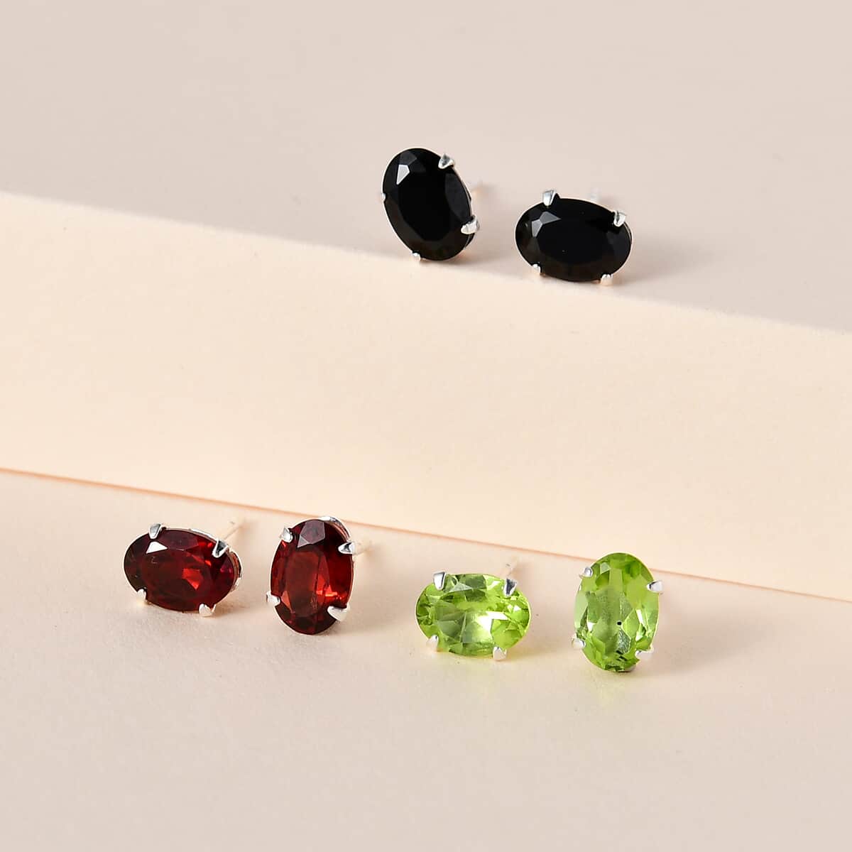 Mozambique Garnet, Peridot and Thai Black Spinel Set of 3 Solitaire Stud Earrings in Sterling Silver 5.20 ctw image number 1