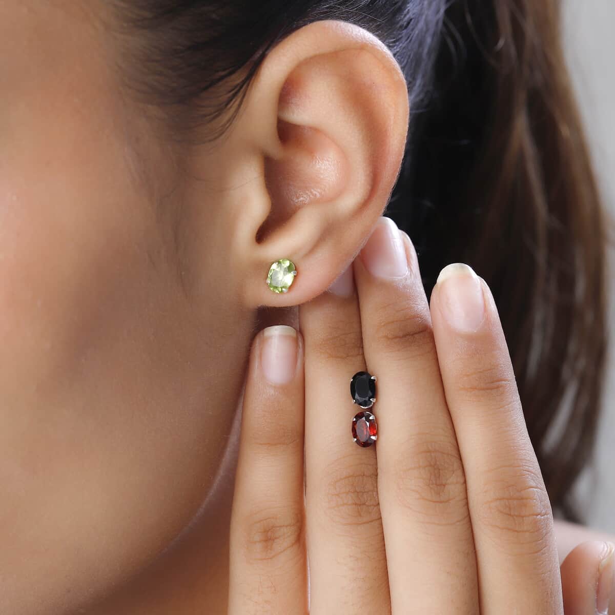 Mozambique Garnet, Peridot and Thai Black Spinel Set of 3 Solitaire Stud Earrings in Sterling Silver 5.20 ctw image number 2