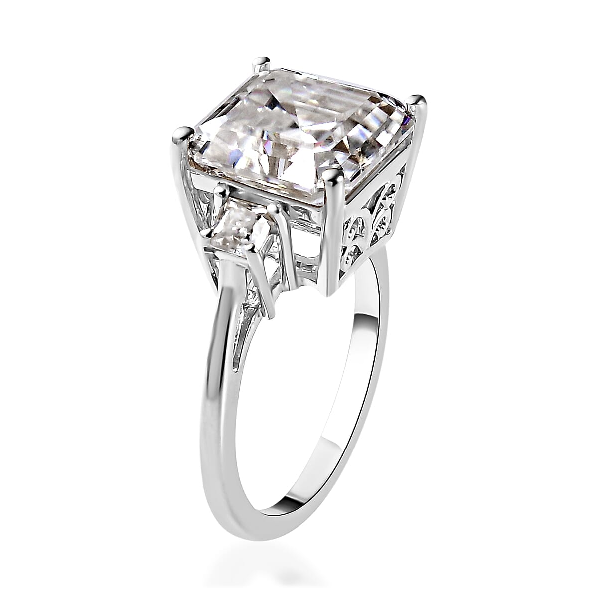 Asscher Cut Moissanite Ring (Size 5.0) and Earrings in Platinum Over Sterling Silver 8.40 ctw
